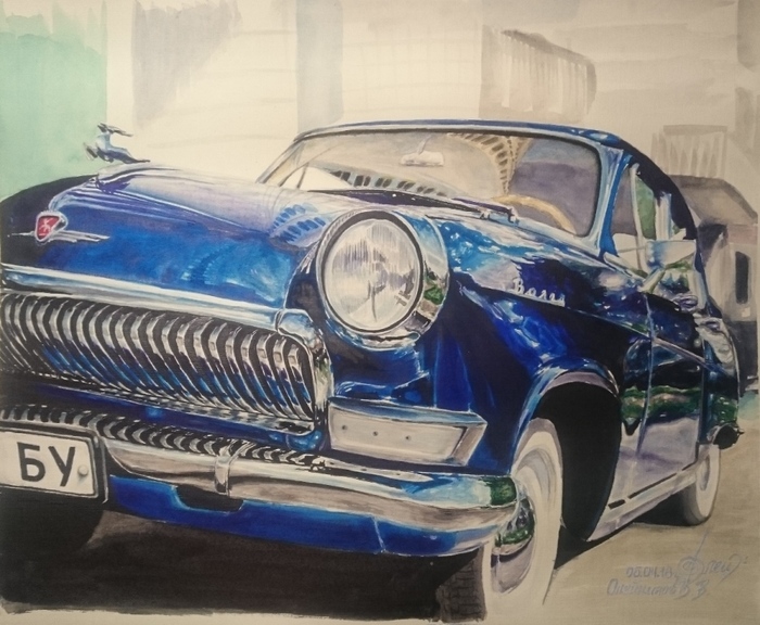 Retro auto №3 (Watercolor/paper) А3, 2018 - My, Watercolor, Car, , Painting, , Painting, , Volga, Longpost