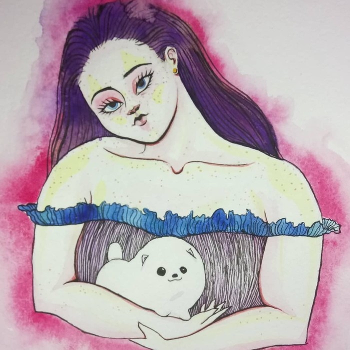 Lady with a dog - My, Painting, Watercolor, Art, Sketch, Illustrations, Spitz