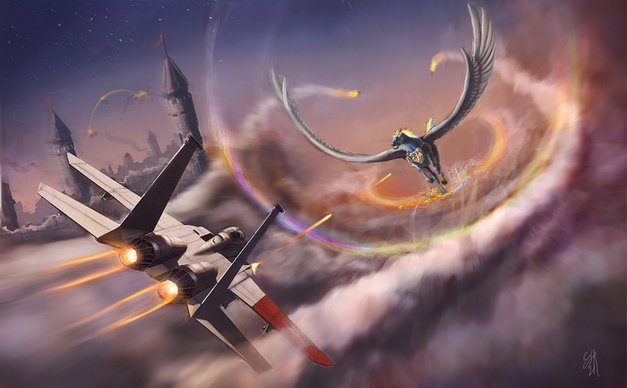 Solo Wing Pixy vs Rainbow Dash - Art, My little pony, Rainbow dash, Airplane, Fighter, Pegasus