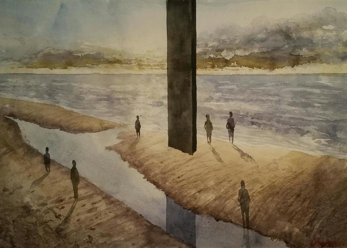 Beach (2018) Watercolor 42x60cm - My, Watercolor, Painting, Painting, Art, Beach, The sun, Creation