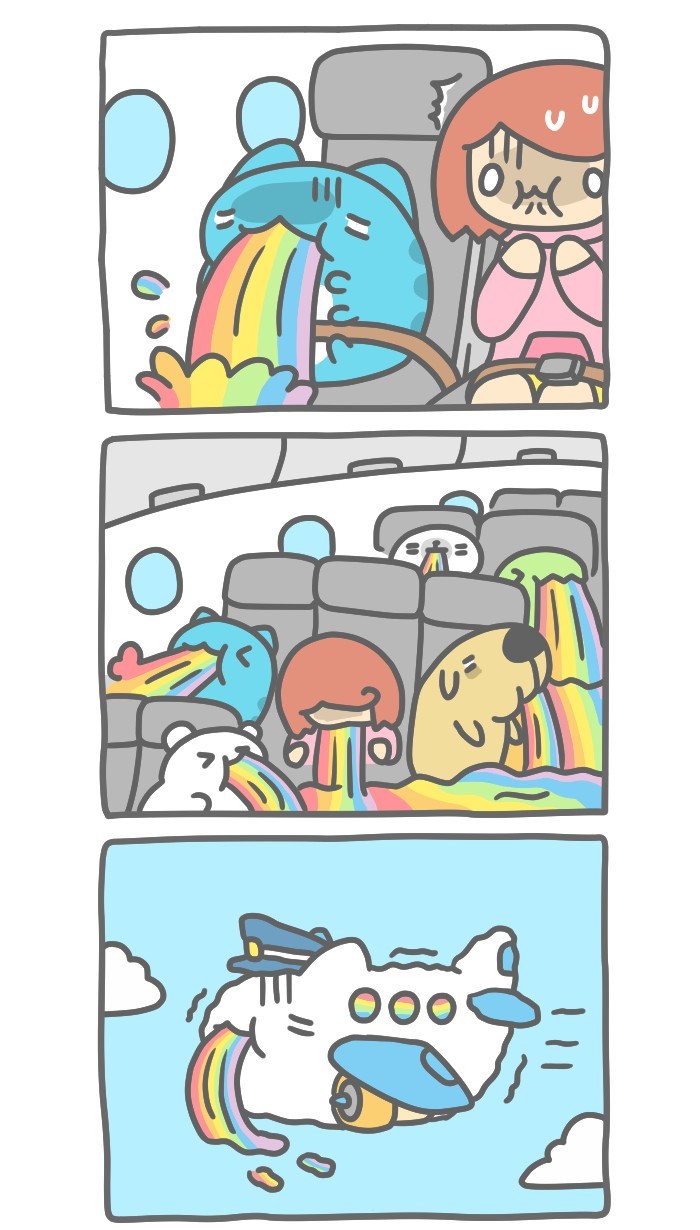 Seasick - Bugcat-Capoo, Defective cat, cat, Comics, Airplane, Rainbow, Toilet humor, Longpost