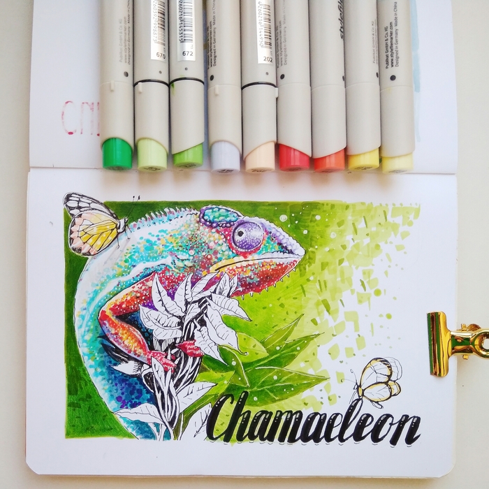 Chameleon. - My, Marker, Chameleon, Reptiles, Drawing, Sketch, Graphics, Liner, Longpost, Butterfly