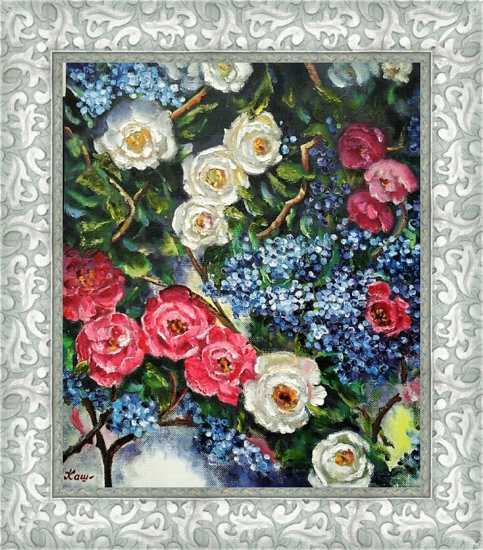Pink cascade. - My, Oil painting, the Rose, Bush, Painting, Flowers, Longpost, Painting, Butter