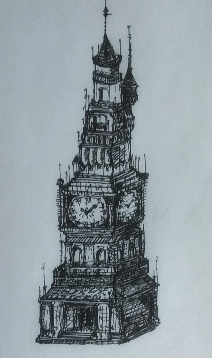 Tower - My, Pen drawing, Beginner artist, Tower, Sketch, Clock