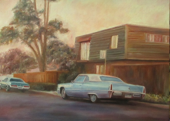 The street - My, Painting, Butter, Car, Sky, House, Auto, The street, Oil painting