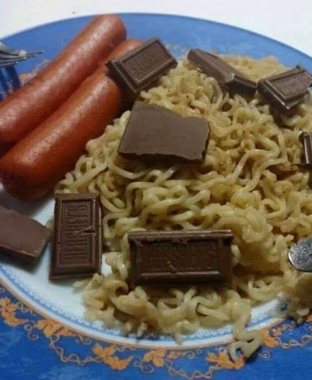 Mmm... yum - Om-Nom-nom, Pasta, Sausages, Chocolate