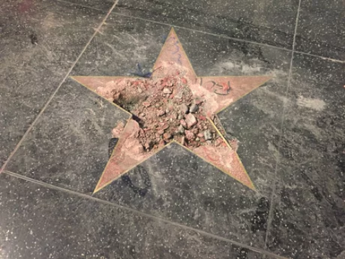 Donald Trump's star on the Hollywood Walk of Fame is destroyed by a man carrying a pickaxe in a guitar case. - Walk of Fame, Trump, Donald Trump