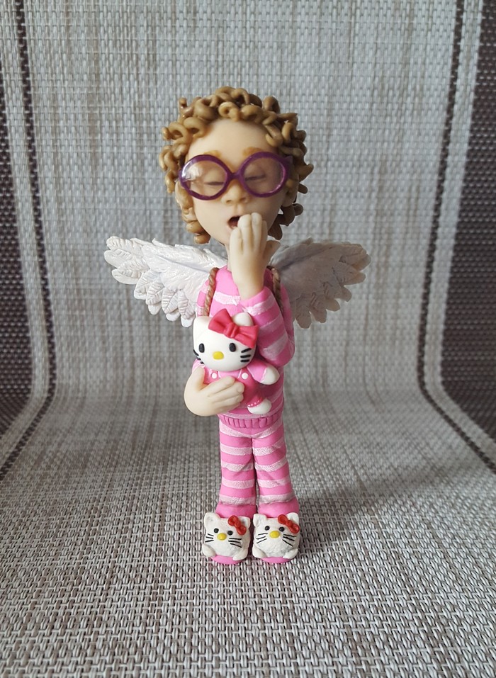 Figurine Sleepy Angel height 10cm - My, Creation, Handmade, Polymer clay, Angel, Needlework with process, Statuette, Longpost