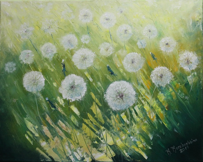 Dandelions, oil, canvas 40x50cm. - My, Oil painting, , , Dandelion, Summer, Green
