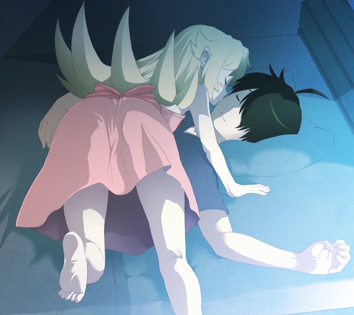 Good nightmares to you, master - Anime art, Araragi koyomi, Shinobu oshino, Monogatari series, Drawing, Anime