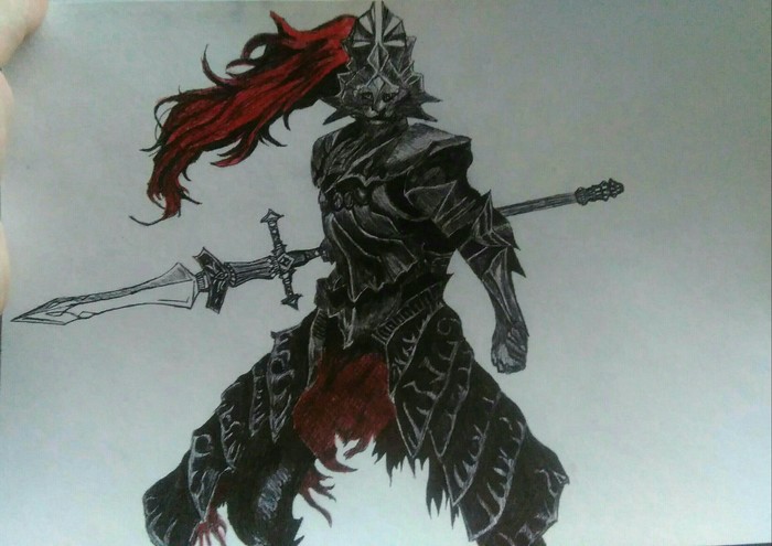 Ancient dragon slayer with darksouls2 - My, Dark souls 2, Dragonslayer, Drawing, Black pen