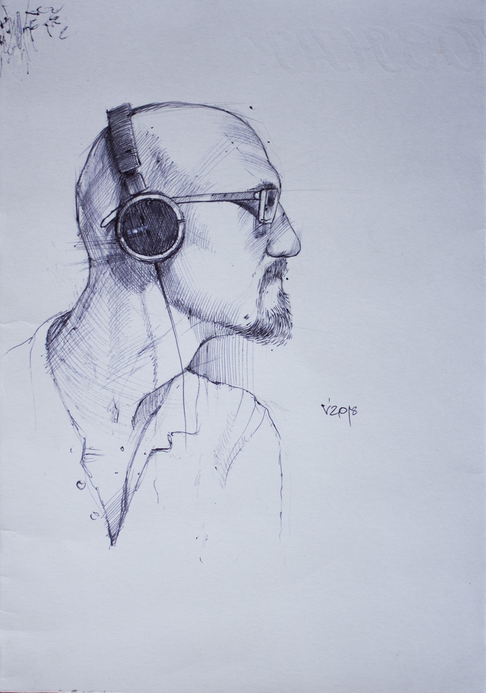 Drawing - My, Graphics, Portrait, Pen drawing, Creation, Self-portrait, Drawing, Pen, Headphones