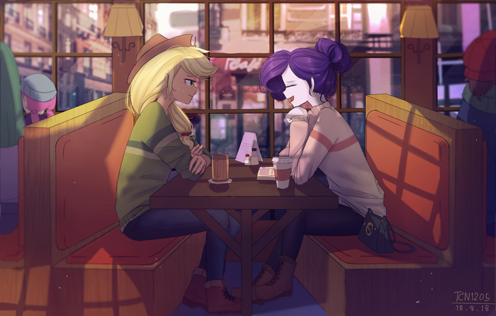 In cafe My Little Pony, Equestria Girls, Rarity, Applejack, Looknamtcn