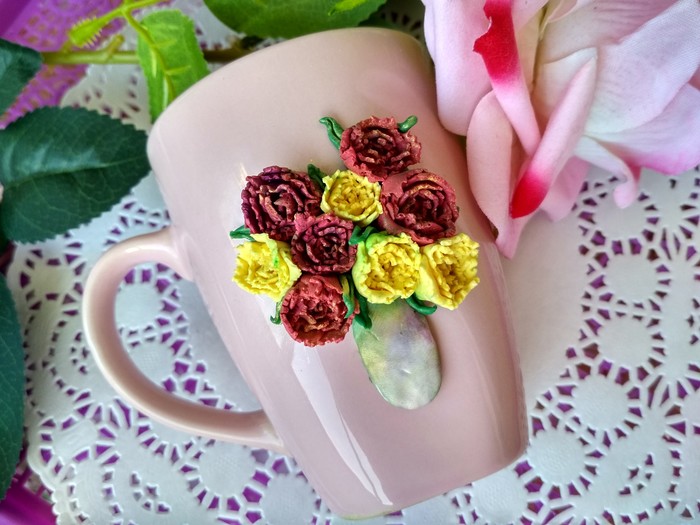 Mug made of polymer clay with peonies. - My, Polymer clay, Mug with decor, , A cup, Present, Presents