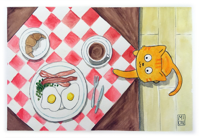 Ray and breakfast - My, Mionart, Ray, Redheads, cat, Drawing, Illustrations, Watercolor, Milota