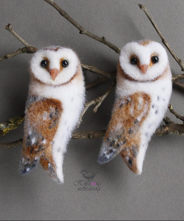 Two barn owls. Brooches. Dry felting. - My, Dry felting, Needlework without process, Needlework, Birds, Handmade, Longpost, Owl