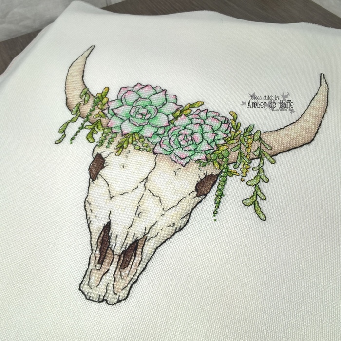 Skull and succulents - My, Embroidery, Cross-stitch, Author's scheme, Scull, Succulents, Needlework, Needlework without process, Longpost