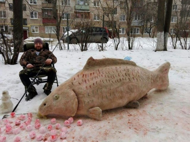 Настоящий рыбак - Рыбаки, Снеговик, Зимняя рыбалка, Из сети, Фотография