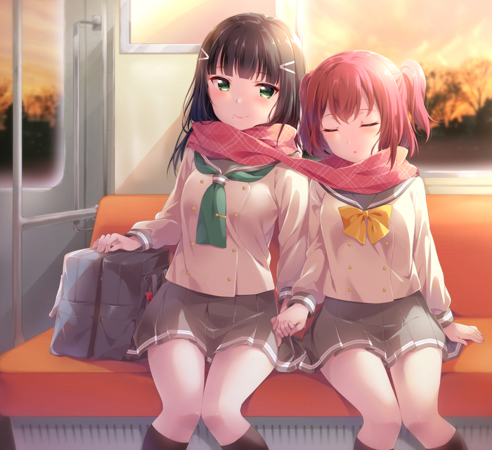 Yuri - Love live! Sunshine !!, Kurosawa Ruby, Kurosawa Dia, Anime art, Yuri, School uniform