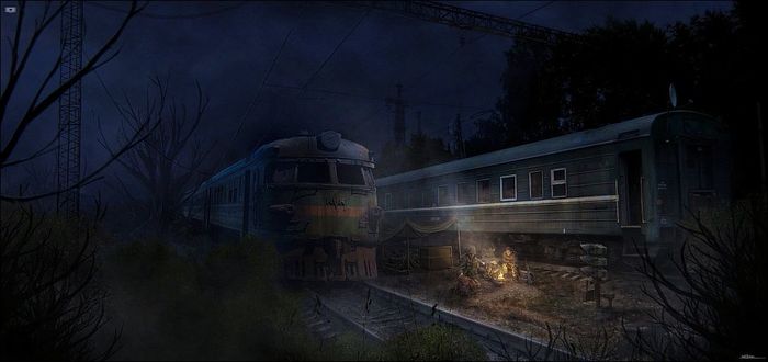 Post-apocalyptic art - Railway carriage, A train, Bonfire, , Night, Abandoned