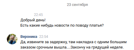 Как мне 8 месяцев платье на заказ шили... - Моё, Длиннопост, Платье, Швея, Скриншот, ВКонтакте