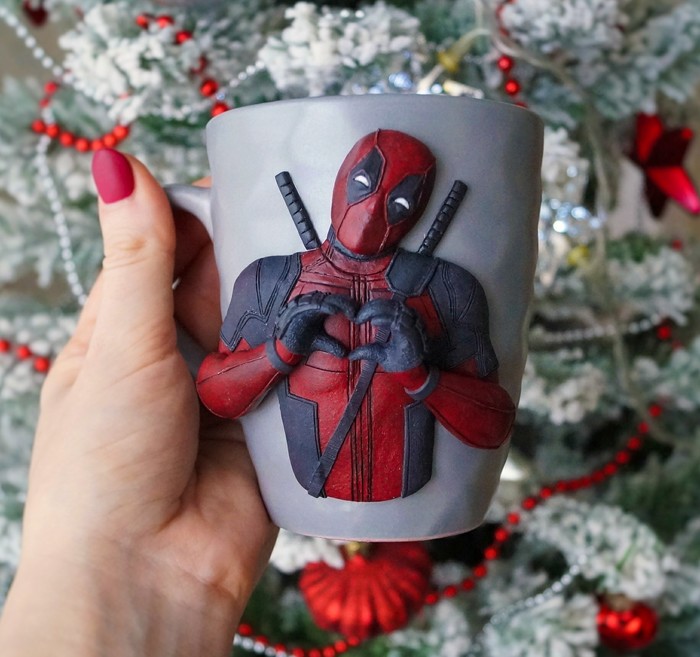 Deadpool on a mug - My, Handmade, Polymer clay, Needlework without process, Presents, With your own hands, Comics