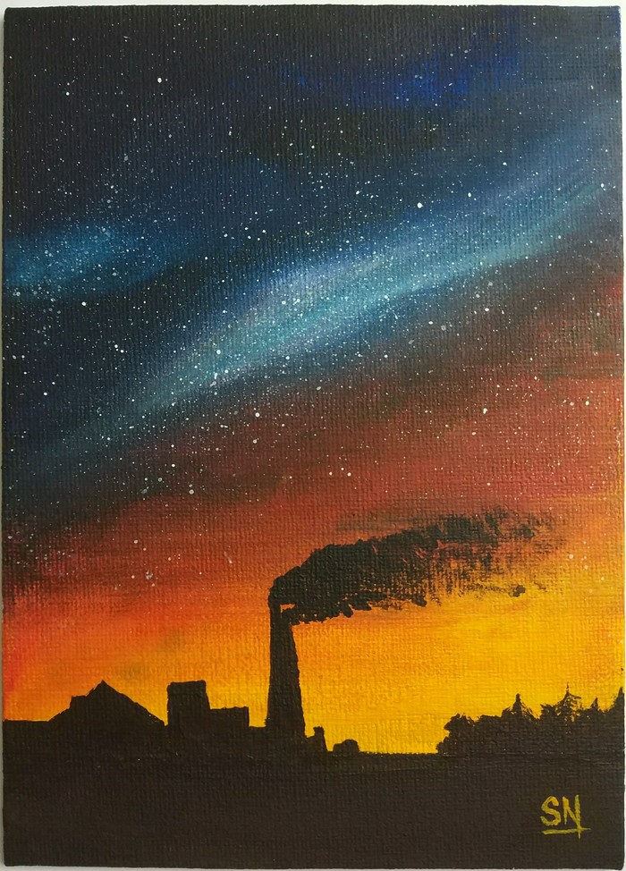 Night shift. - My, Acrylic, Canvas, Night, Starry sky, Factory, Sky, Drawing
