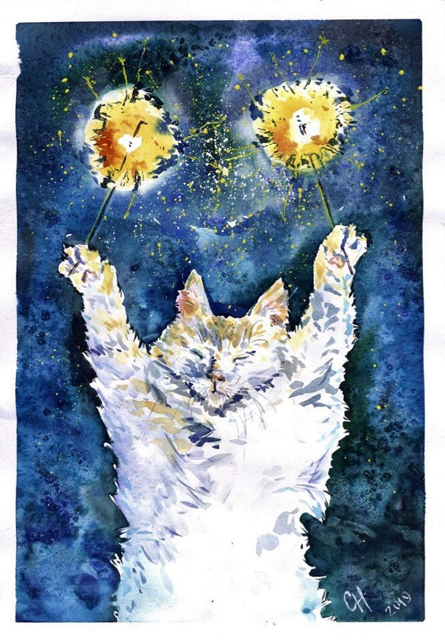 A little Christmas magic - My, Creation, Art, Drawing, Watercolor, cat, Animals, Bengal lights