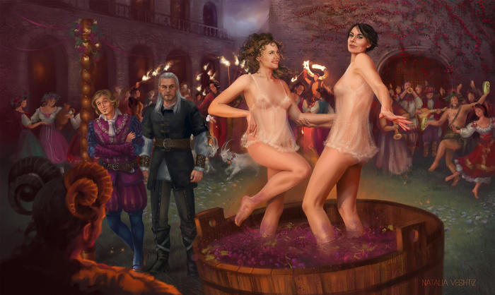 Barrel Holiday - NSFW, Art, Witcher, Geralt of Rivia, Buttercup, Anna Henrietta, Fringilla Vigo, Fantasy, 