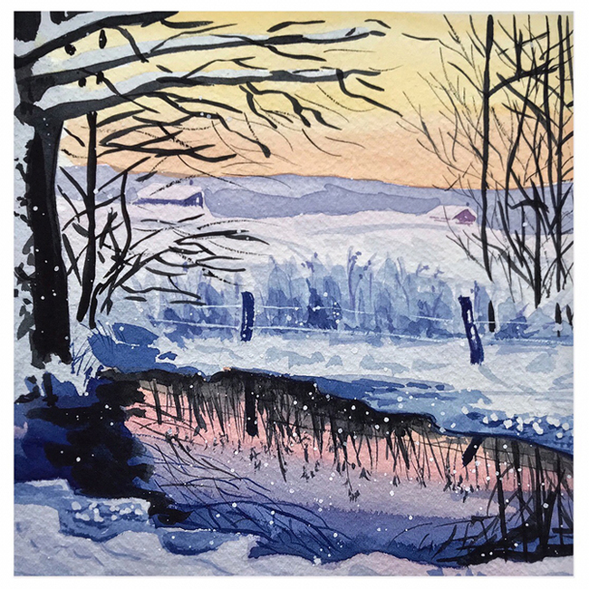 Sketchbook pictures 4. Winter - My, Watercolor, Landscape, Winter, Forest, Snow, Longpost, Drawing, River, Nature