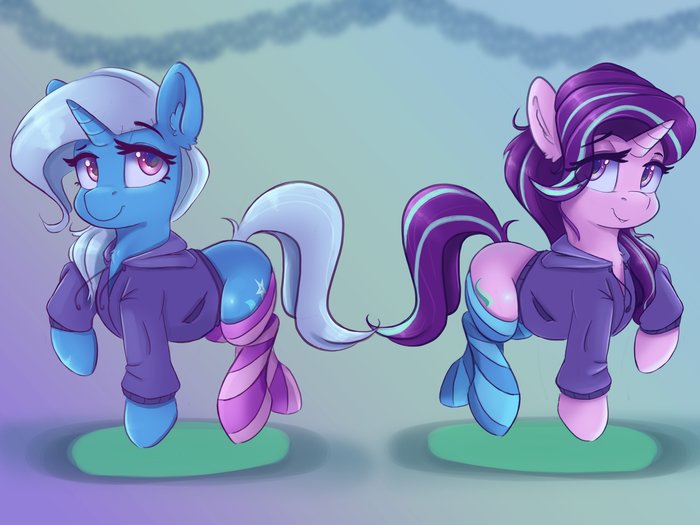 Две одетые единорожки. - My Little Pony, PonyArt, Starlight Glimmer, Trixie, MLP Носочки, Ardail