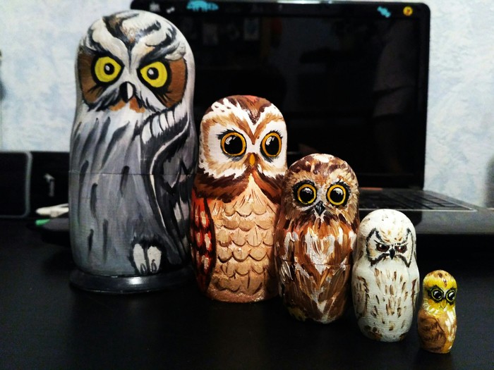 Owl nesting dolls - My, Matryoshka, Painting, Owl, Longpost, Birds, Animalistics, Butter