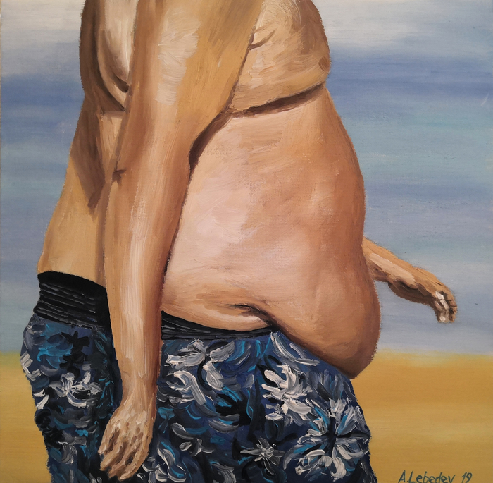 Happiness. Canvas on cardboard, oil. 30x30 cm. 2019 - My, Oil painting, Beach, Person, Tan, Art, Painting, Butter, Fullness