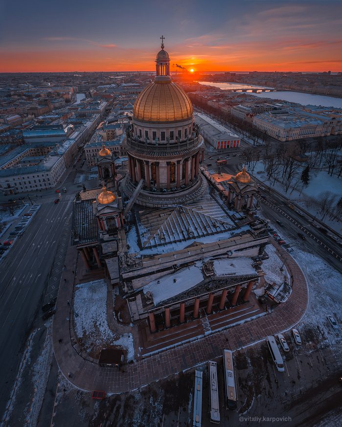 Perspective of St. Isaac's at sunset - My, , Saint Petersburg, Aerial photography, Saint Isaac's Cathedral, The photo, Mavic2pro