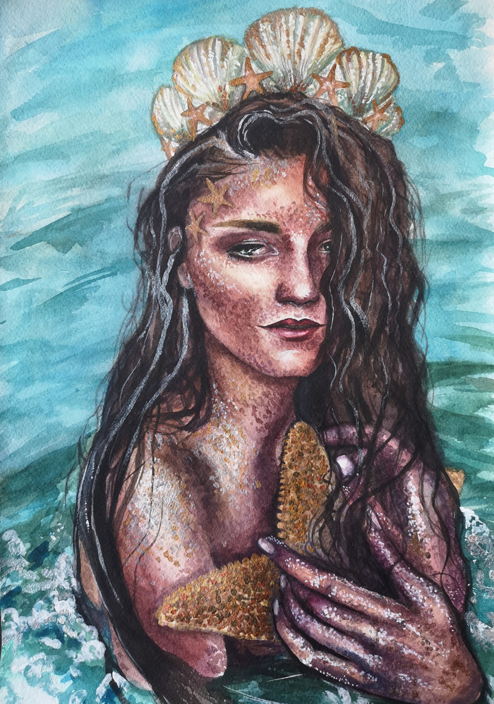 Mermaid - My, Watercolor, Creation, Mermaid, I'm an artist - that's how I see it, Girls, Starfish, Marine life, Drawing