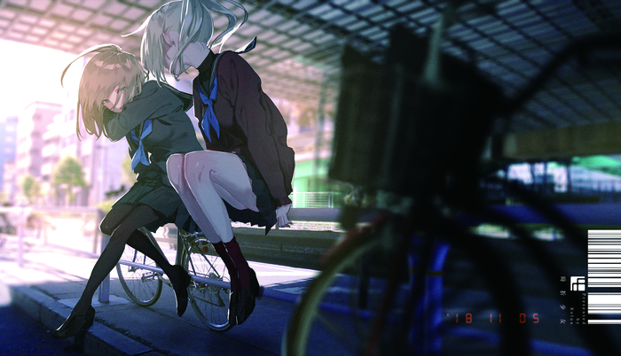 Under the bridge - Anime Art, Bicycles, Девушки, Не аниме, Bridge