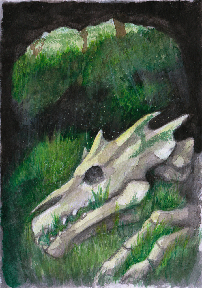 Ancient - My, Drawing, Watercolor, Gouache, The Dragon, Skeleton, Caves