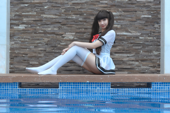 In the pool - NSFW, Girls, Stockings, Legs, Zettai ryouiki, Swimming pool, The dress, May Sakaali, Longpost