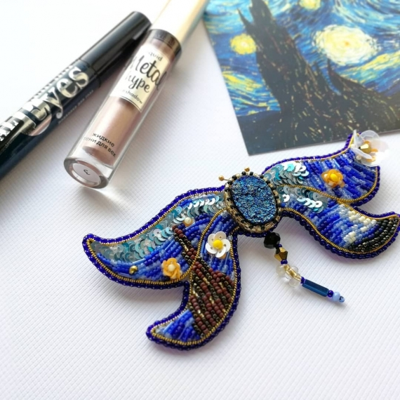 Brooch Dragonfly. Van Gogh - My, Beads, Sequins, Dragonfly, van Gogh, Needlework without process, Hobby, Longpost