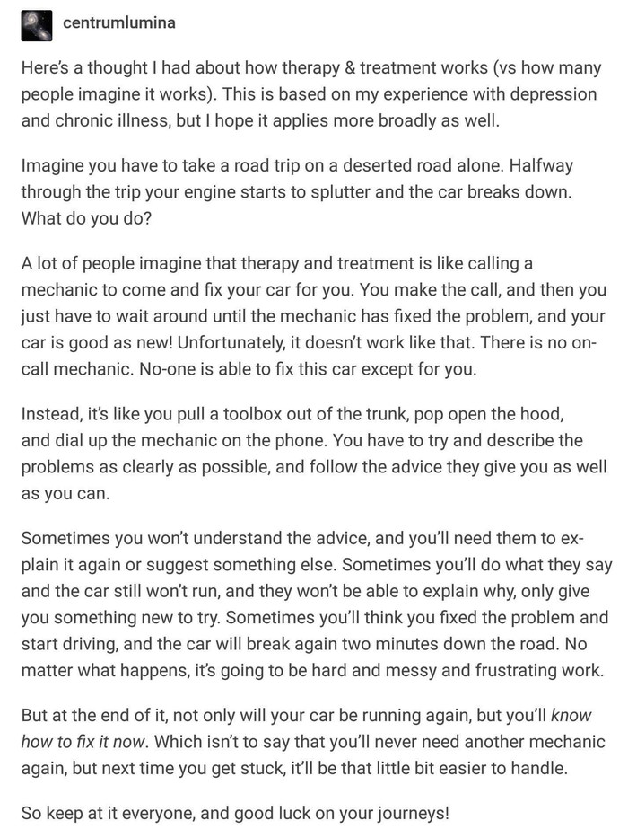 How Therapy Actually Works - My, Reddit, Psychology, Psychotherapy, Translation, Translated by myself, Analogy, Longpost