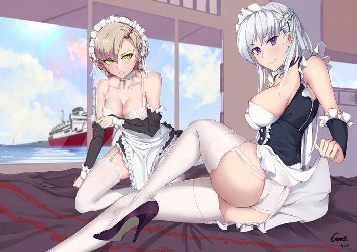 Sheffield & Belfast - NSFW, Azur Lane, Sheffield, Belfast, Этти, Горничная, Anime Art, Аниме, Арт