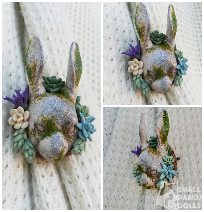 Another hare - My, Brooch, Handmade, With your own hands, Succulents, Moss, Polymer clay, Kripota