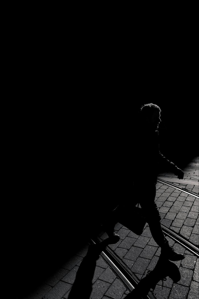 Out of the Shadows - Play of light, Black and white photo, Black and white, The street, Person, Shadow, The photo