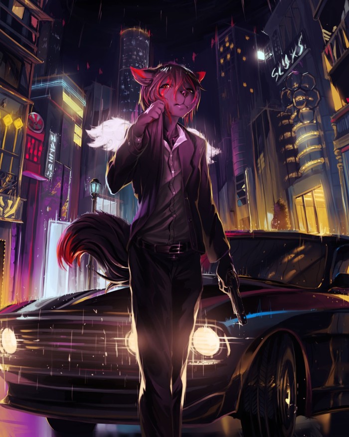 Assassin - Furry, Art, Town, Weapon, Car, Fruitbloodmilkshake, Rain