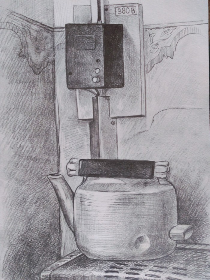 Unemployment, because copper is more expensive. - My, Drawing, Pencil drawing, Nature, Longpost, Graphics, Kettle