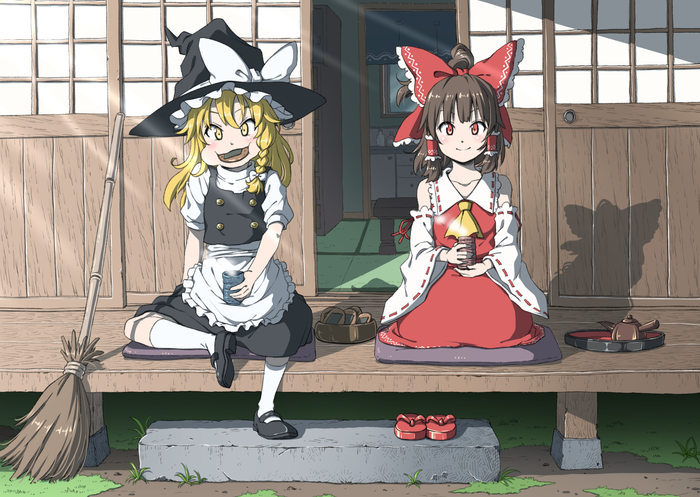 Peaceful morning - Anime, Anime art, Touhou, Kirisame marisa, Hakurei Reimu, Inuno rakugaki