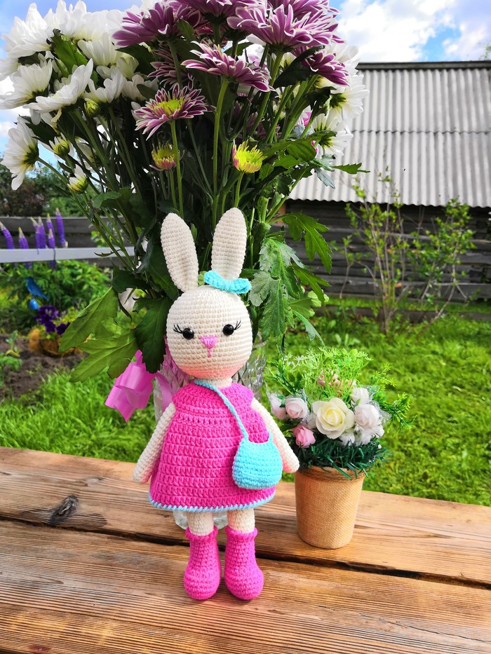 Bunny in a crochet dress - My, I knit, Knitted toys, Toys, Crochet, Knitting, Longpost, Needlework without process