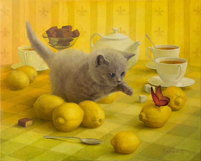 Butterfly and cat - My, Painting, Lemon, Fantasy, Oil painting, cat, Butterfly, Animals, Painting