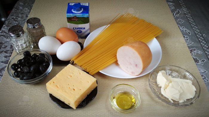 Pasta “Carbonara homemade” - My, Recipe, Chew-Ka!, Pasta, Paste, Bacon, Olives, Dinner, Zen, Longpost