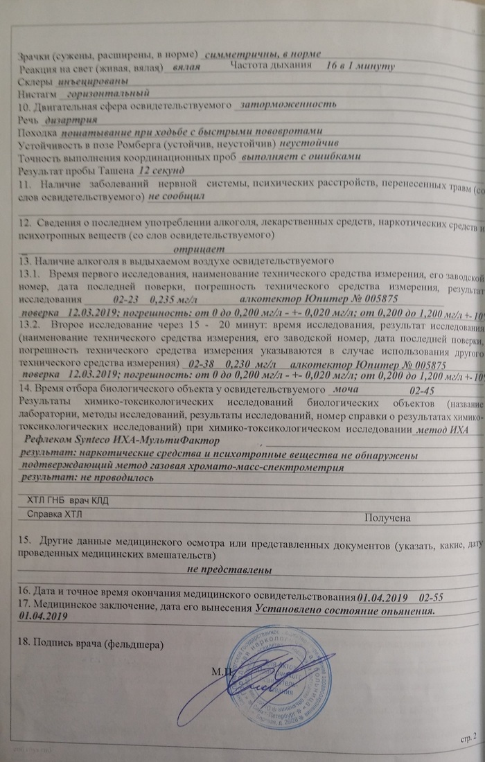 Образец акта медосвидетельствования на состояние алкогольного опьянения